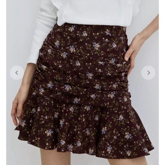 Floral Mini Skirt Ruffled Hem Brown Print‎ Ruched High Waist Cute Sz 2 NWT - Picture 1 of 9